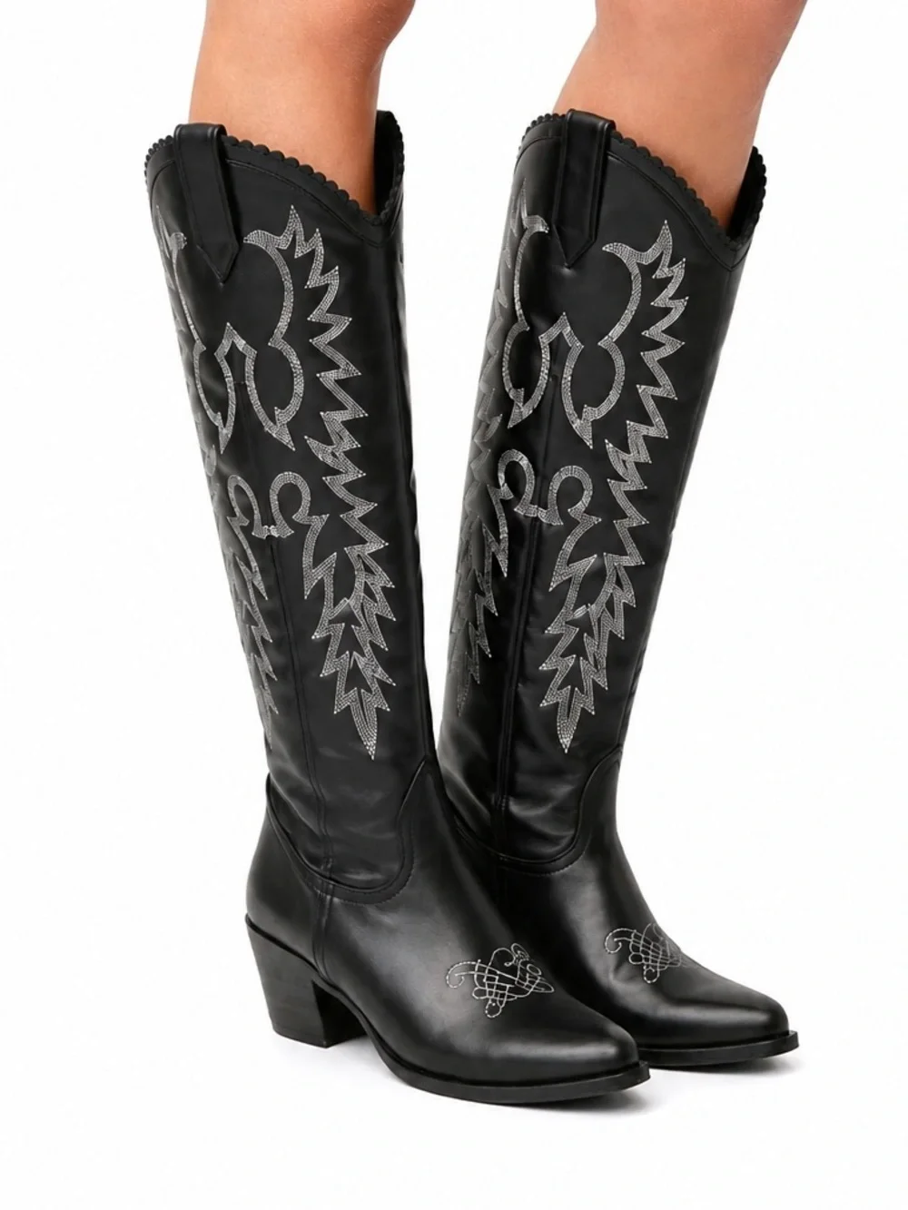 Black Embroidered Knee-High Western Boots - Women